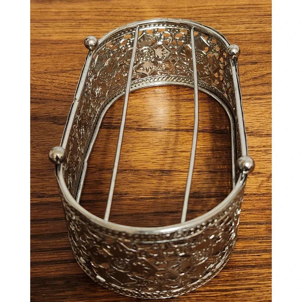 Vintage Silver Tone Filigree Oval Basket Decorative Metal Vanity Caddy 6 Inch
